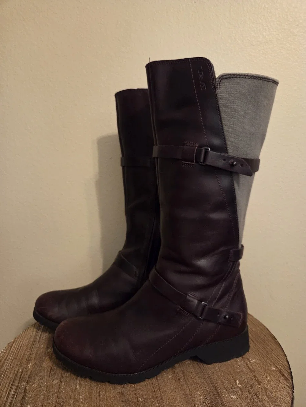 TEVA De La Vina Brown Leather Grey Canvas Tall Waterproof Gorpcore Riding Boots